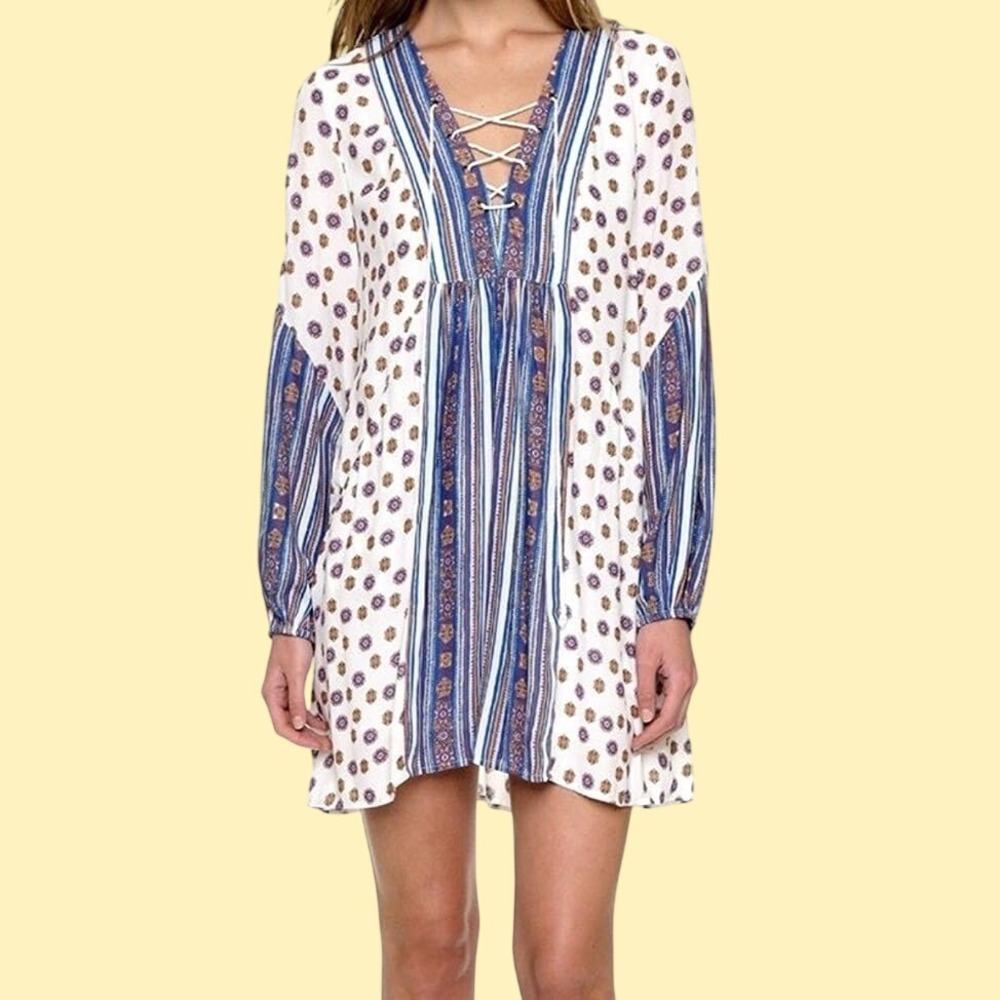 Free People Rain Shine Print Lace Up Tunic Dress Blue White XS